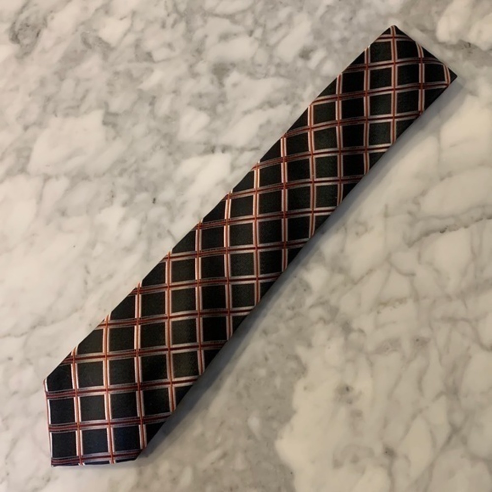 Mens black silver and red windowpane tie